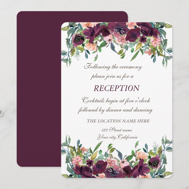 Chic Burgundy Flowers Wedding Reception  Invitation (Front/Back)