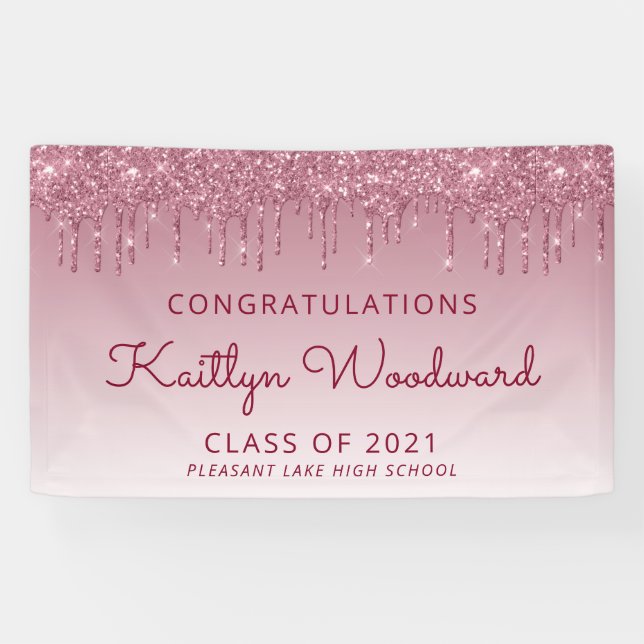Chic Burgundy Glitter Drip Graduation Banner (Horizontal)