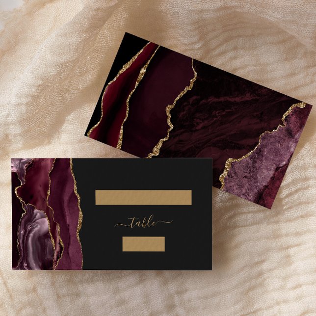 Chic Burgundy Gold Agate Dark Wedding Escort Place Card (Creator Uploaded)
