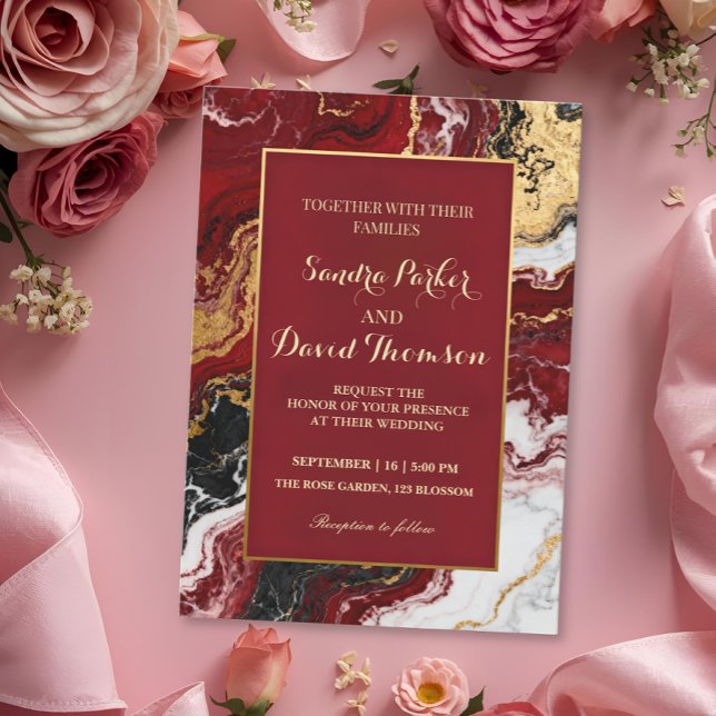 Chic Burgundy Gold Agate Marble Modern Wedding  Invitation (Creator Uploaded)