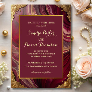 Chic Burgundy Gold Agate Marble Modern Wedding  Invitation