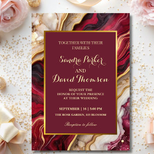 Chic Burgundy Gold Agate Marble Modern Wedding  Invitation