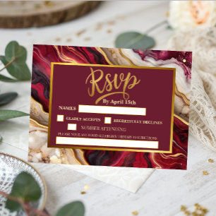 Chic Burgundy Gold Agate Marble Modern Wedding  RSVP Card