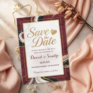 Chic Burgundy Gold Agate Marble Modern Wedding Save The Date