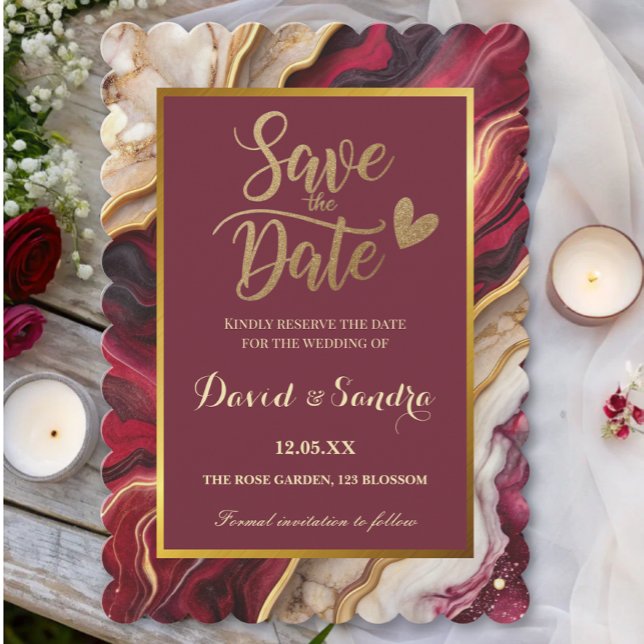 Chic Burgundy Gold Agate Marble Modern Wedding  Save The Date (Creator Uploaded)