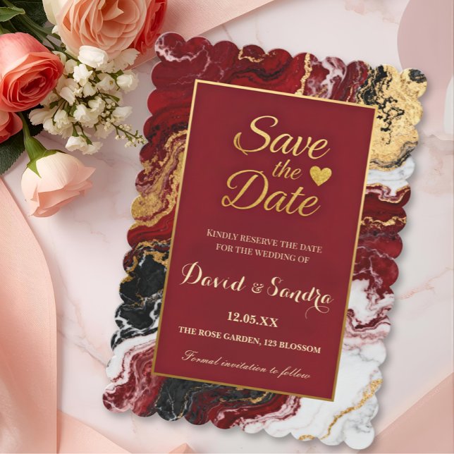 Chic Burgundy Gold Agate Marble Modern Wedding  Save The Date (Creator Uploaded)