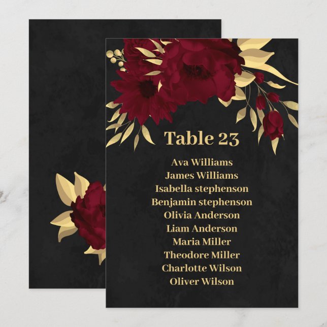 Chic burgundy & gold black seating chart card (Front/Back)