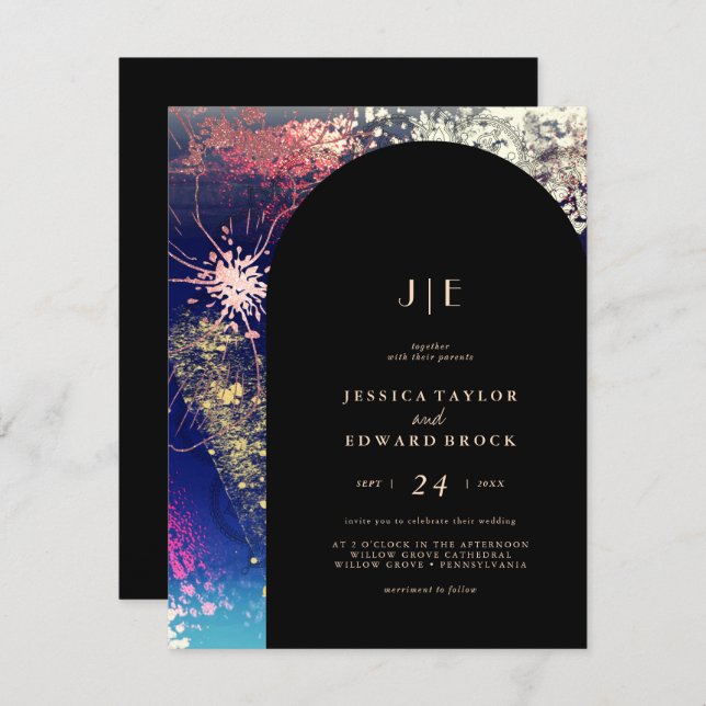 Chic Burgundy Gold Blue Botanical Square Wedding Invitation (Front/Back)