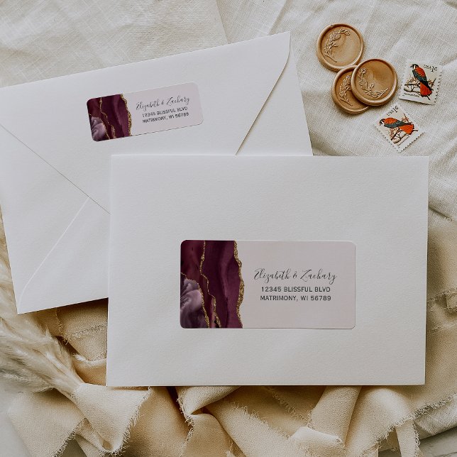 Chic Burgundy Gold Blush Wedding Return Address (Creator Uploaded)