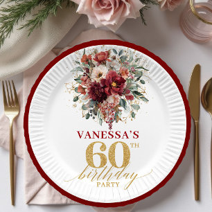 Chic Burgundy Gold Fall Floral 60th Birthday Paper Plate