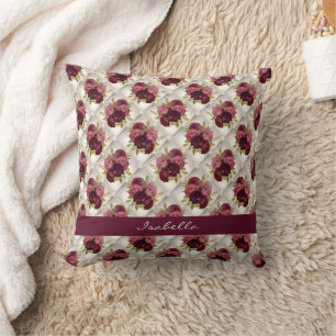 Chic Burgundy Gold Floral diamond tufted Pattern Cushion