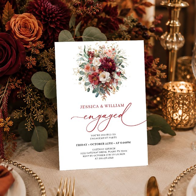 Chic Burgundy Gold Floral Fall engagement invitES (Chic Burgundy Gold Floral Fall engagement invitation card

)