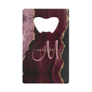Chic Burgundy Gold Glitter Agate Custom Monogram