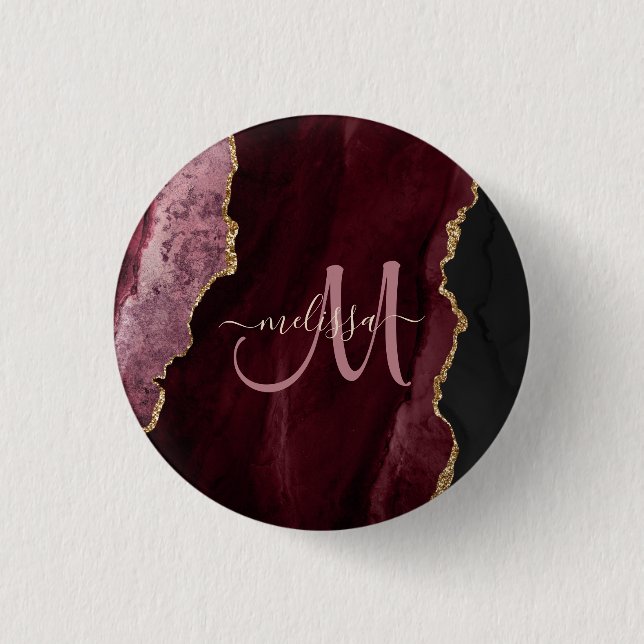 Chic Burgundy Gold Glitter Agate Custom Monogram 3 Cm Round Badge (Front)