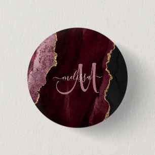 Chic Burgundy Gold Glitter Agate Custom Monogram 3 Cm Round Badge