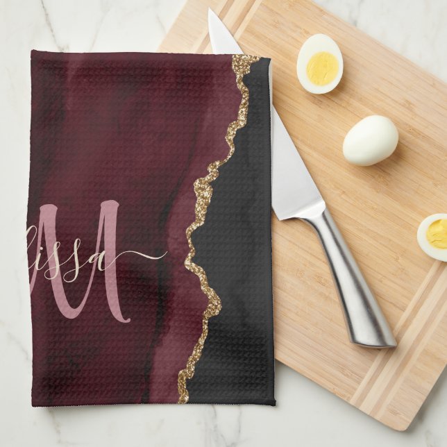 Chic Burgundy Gold Glitter Agate Custom Monogram B Tea Towel (Quarter Fold)