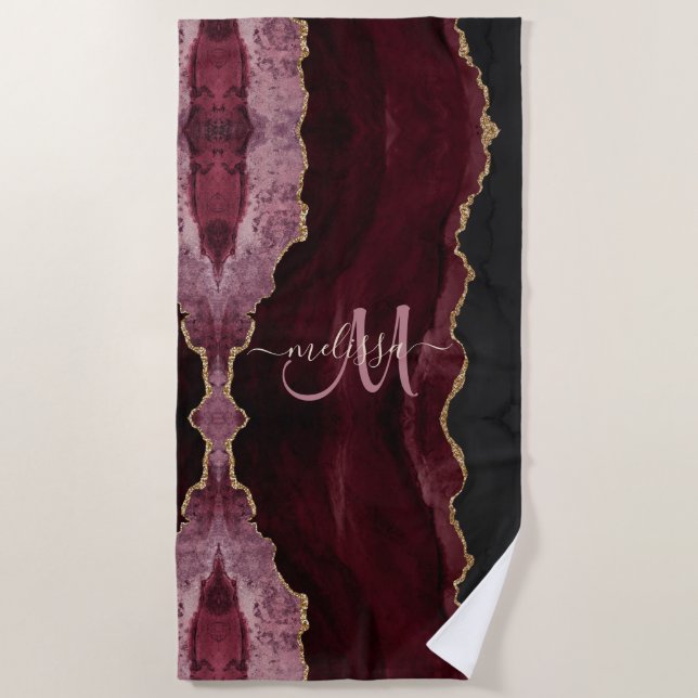 Chic Burgundy Gold Glitter Agate Custom Monogram Beach Towel (Front)