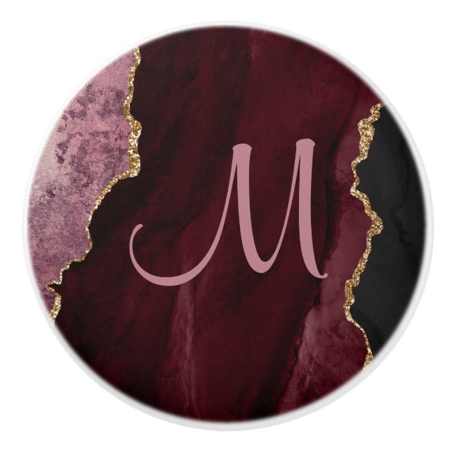 Chic Burgundy Gold Glitter Agate Custom Monogram Ceramic Knob (Front)