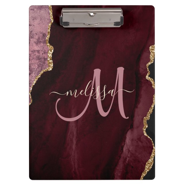Chic Burgundy Gold Glitter Agate Custom Monogram Clipboard (Front)