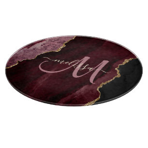 Chic Burgundy Gold Glitter Agate Custom Monogram Cutting Board