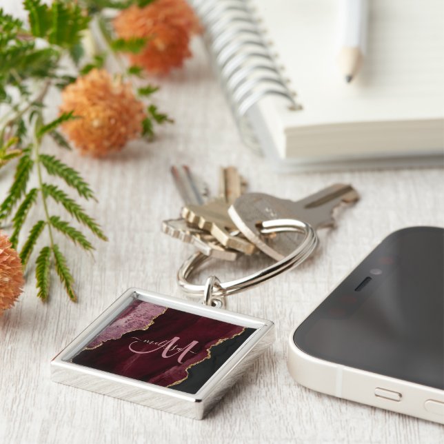 Chic Burgundy Gold Glitter Agate Custom Monogram Key Ring (Side)
