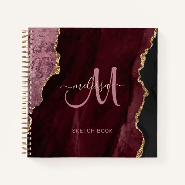 Chic Burgundy Gold Glitter Agate Custom Monogram Notebook (Front)