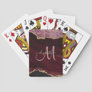 Chic Burgundy Gold Glitter Agate Custom Monogram Playing Cards