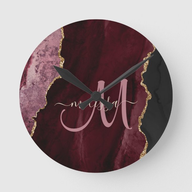 Chic Burgundy Gold Glitter Agate Custom Monogram Round Clock (Front)