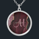 Chic Burgundy Gold Glitter Agate Custom Monogram Silver Plated Necklace<br><div class="desc">This elegant personalised neckalce features a burgundy and rose pink agate background accented with faux gold glitter. Personalise your monogram initial in hand lettered gold script calligraphy with your name above. A unique girly gift for birthday,  holidays and any special occasion. Designed just for you by Extreme Tees!</div>