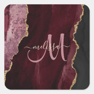 Chic Burgundy Gold Glitter Agate Custom Monogram Square Sticker