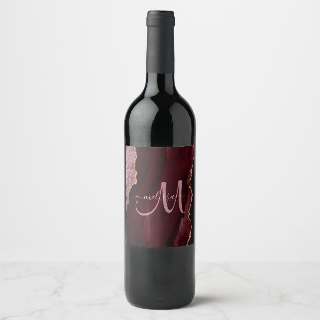 Chic Burgundy Gold Glitter Agate Custom Monogram Wine Label (Front)