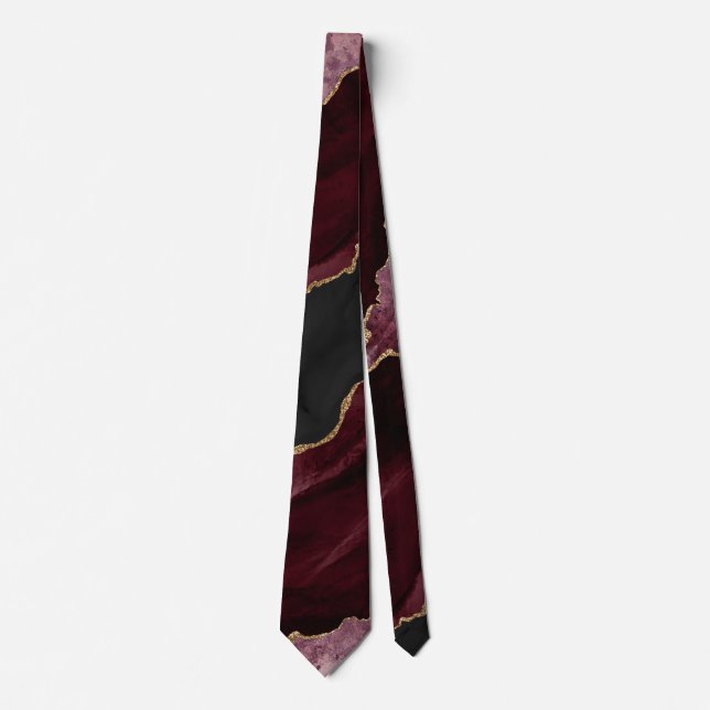 Chic  Burgundy Gold Glitter Agate Marble Wedding Tie (Front)