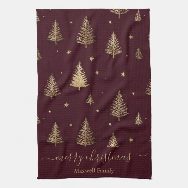 Chic Burgundy gold glitter merry christmas trees  Tea Towel (Vertical)