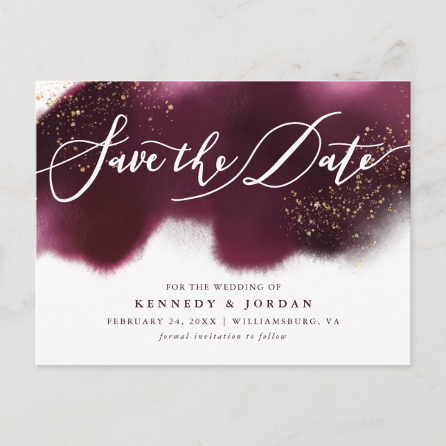 Chic Burgundy Gold Glitter Wedding Save the Date Announcement Postcard (Front)