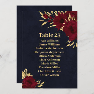 Chic burgundy & gold navy blue seating chart card