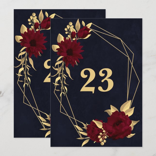 Chic burgundy & gold navy geometric table number (Front/Back)