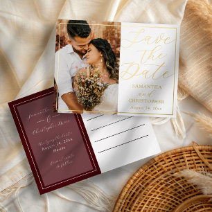 Chic Burgundy & Gold Photo Save the Date Wedding Foil Holiday Postcard