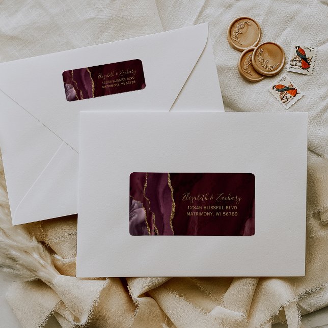 Chic Burgundy Gold Wedding Return Address (Creator Uploaded)