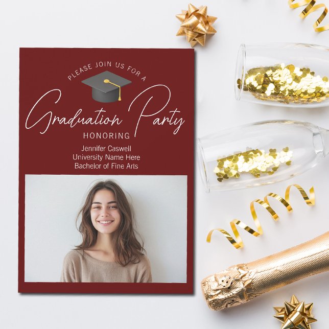 Chic Burgundy Graduate Photo Graduation Party Invitation (Creator Uploaded)
