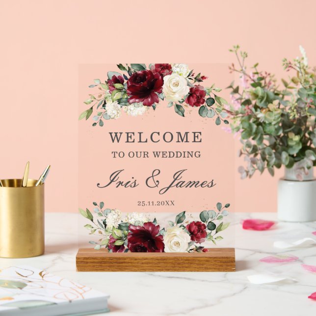 Chic Burgundy Ivory Floral Wedding Welcome Acrylic Sign (Wedding)