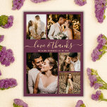 Chic Burgundy Love and Thanks Wedding Thank You Postcard<br><div class="desc">Elegant, Minimalist Burgundy and Gold Script Wedding 5 Photo Collage Thank You Postcard. Modern wedding thank you card template featuring five (5) photo on the front and one (1) photo on the back. With the text "Love and thanks" in a swirly hand lettered typography script font in gold on wine...</div>
