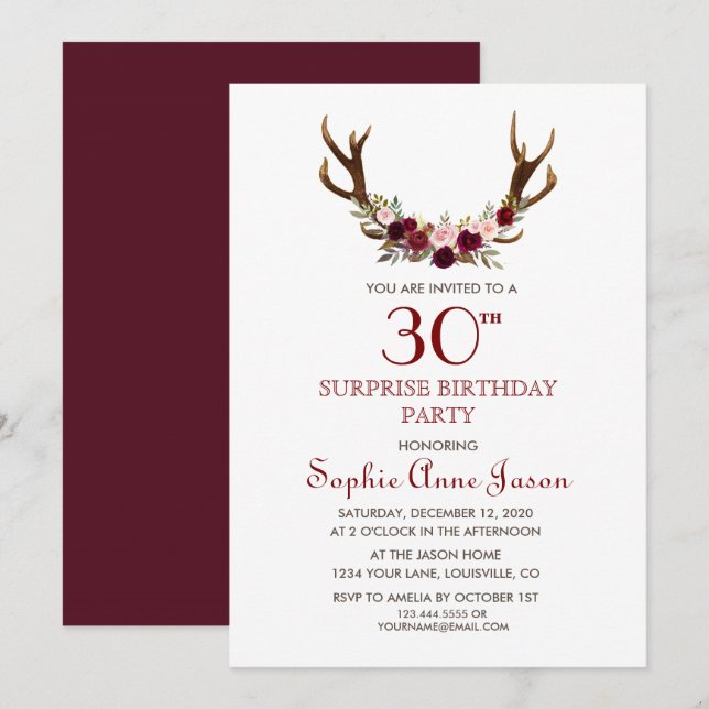 Chic Burgundy Marsala Floral Antlers 50th Birthday Invitation (Front/Back)