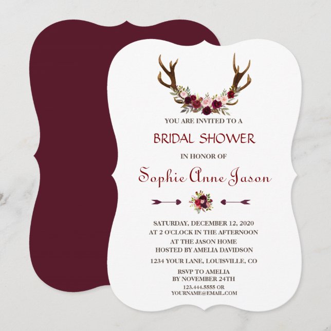 Chic Burgundy Marsala Floral Antlers Bridal Shower Invitation (Front/Back)