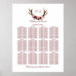 Chic Burgundy Marsala Floral Antlers Seating Chart