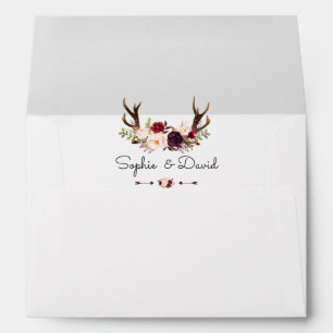 Chic Burgundy Marsala Floral Antlers Wedding Envelope