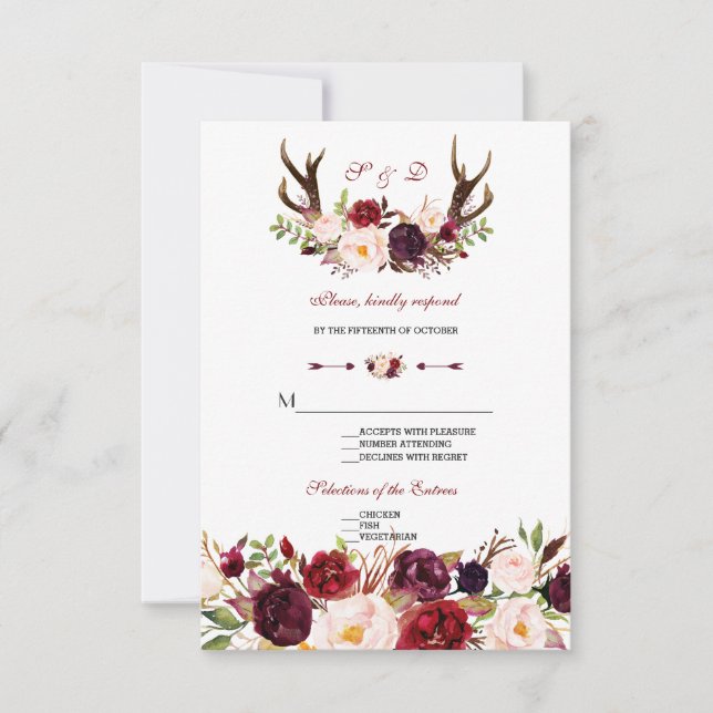 Chic Burgundy Marsala Floral Antlers Wedding RSVP Card (Front)