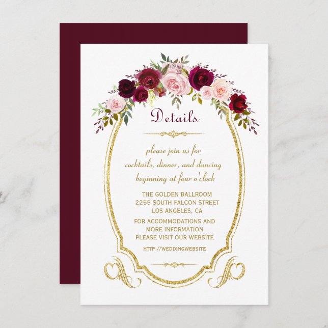 Chic Burgundy Marsala Floral Fall Wedding Details Invitation (Front/Back)