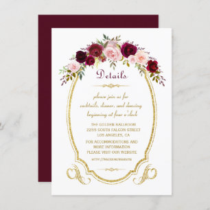 Chic Burgundy Marsala Floral Fall Wedding Details Invitation