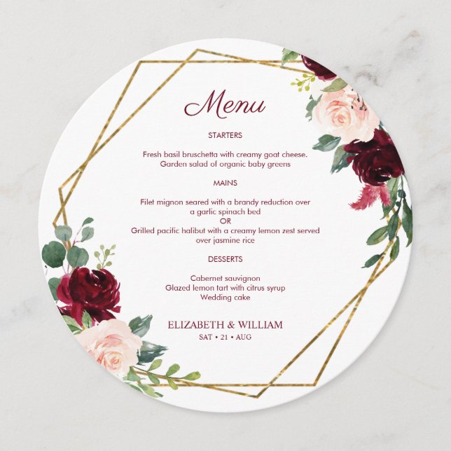 Chic Burgundy Marsala Floral Round Menu For Plate (Front)