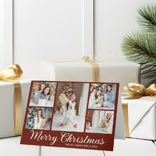 Chic Burgundy Merry Christmas Photo Collage Holiday Card